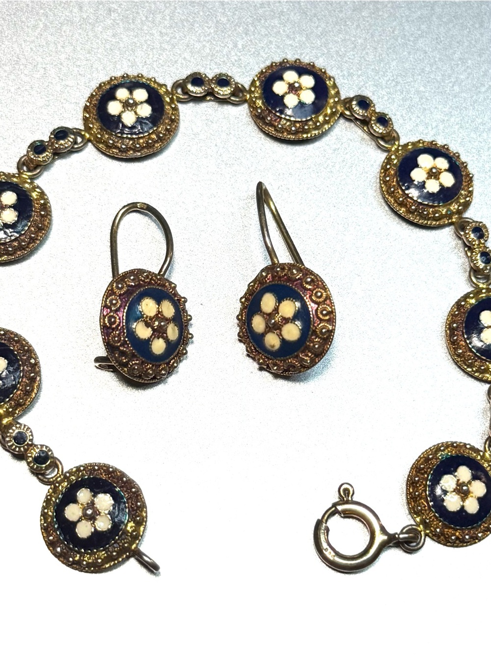 Vintage Hand Crafted Enamel Sterling Silver Flower Bracelet w/ earrings